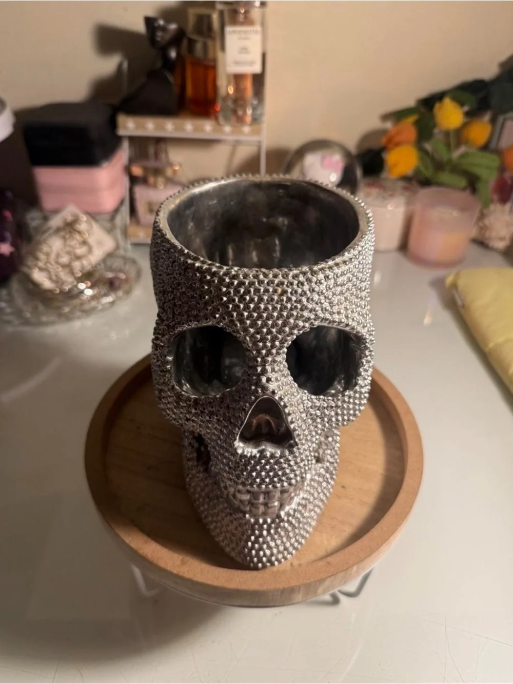 Silver Rhinestone Skull Decorative Holder